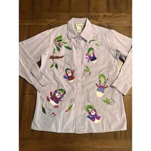 The Quicker Factory Denim Button Down Embroidered Snowman Shirt Size Medium